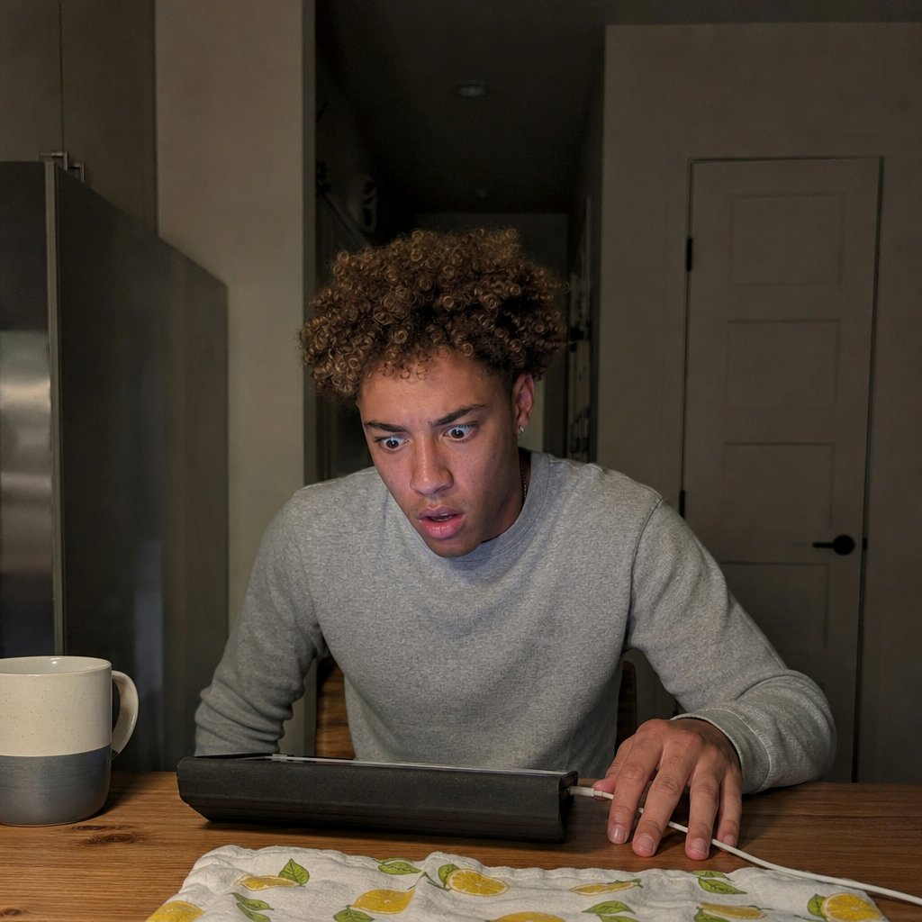 Mara stares at an old tablet on the kitchen table, shocked by what he found.
