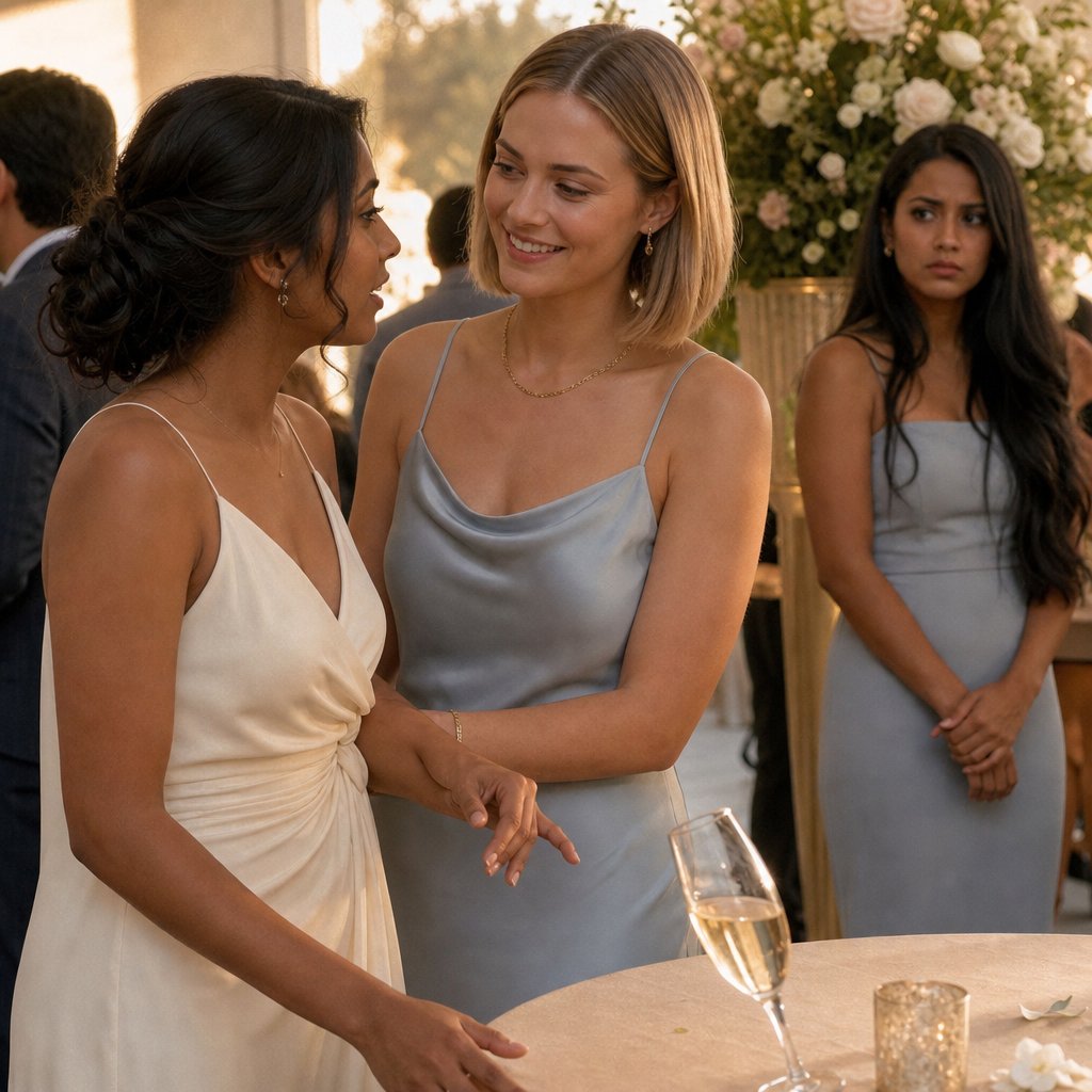 Valerie charms the bride at the champagne table while the protagonist watches anxiously from across the room.