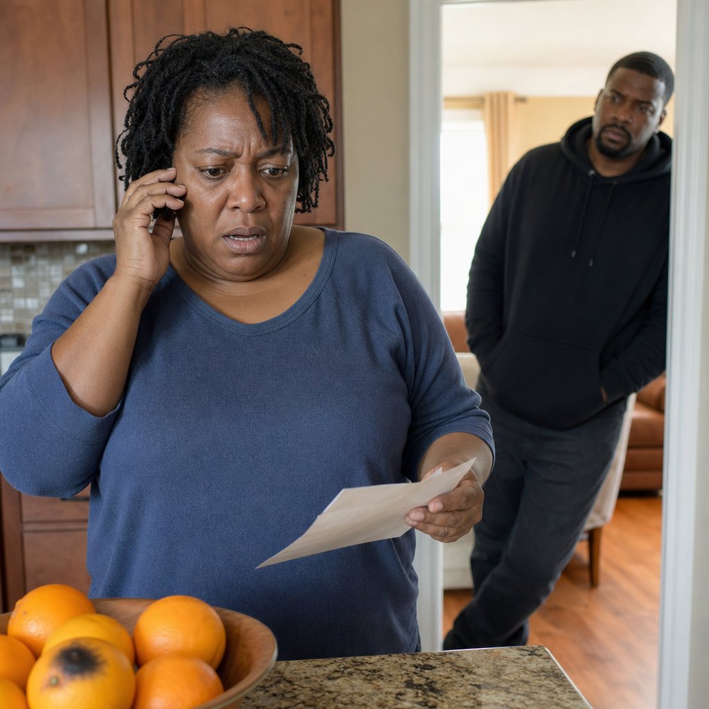 Iris listens on the phone in the kitchen while Mason watches from the doorway.