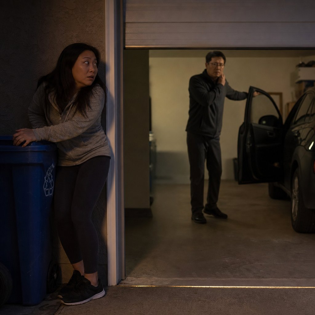 Mara secretly listens from outside as Evan takes a tense call beside his car in the garage.