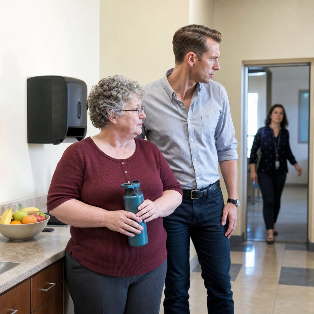 In the break room, Gavin stands too close to the gray-haired woman and turns tensely toward someone entering.