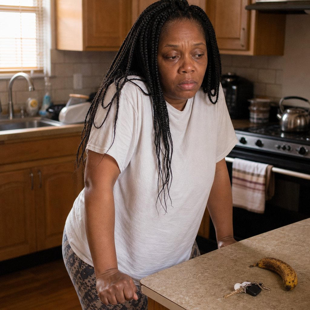 In her kitchen, a mother stares down in shock beside a face-down phone, gripping the counter as if steadying herself.