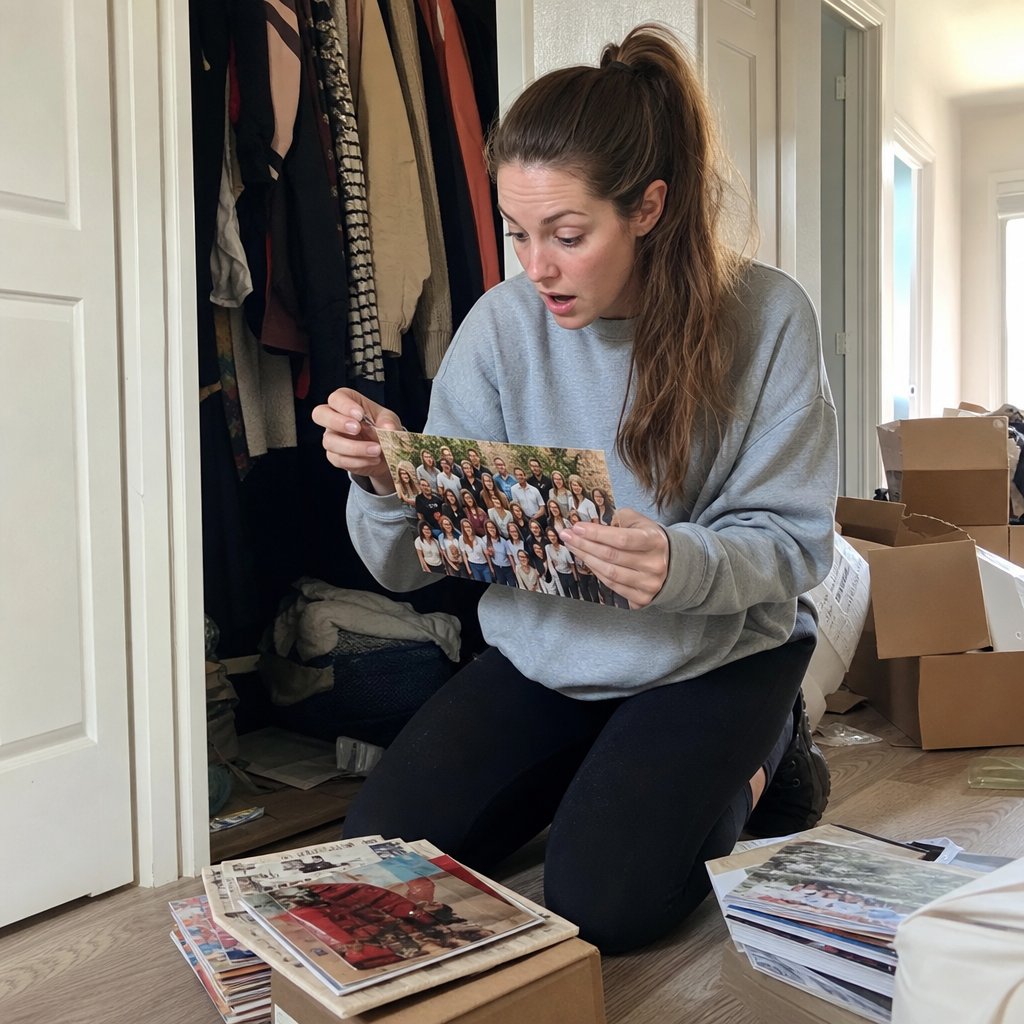 Lena kneels by an open closet, shocked as she studies a cropped college group photo.