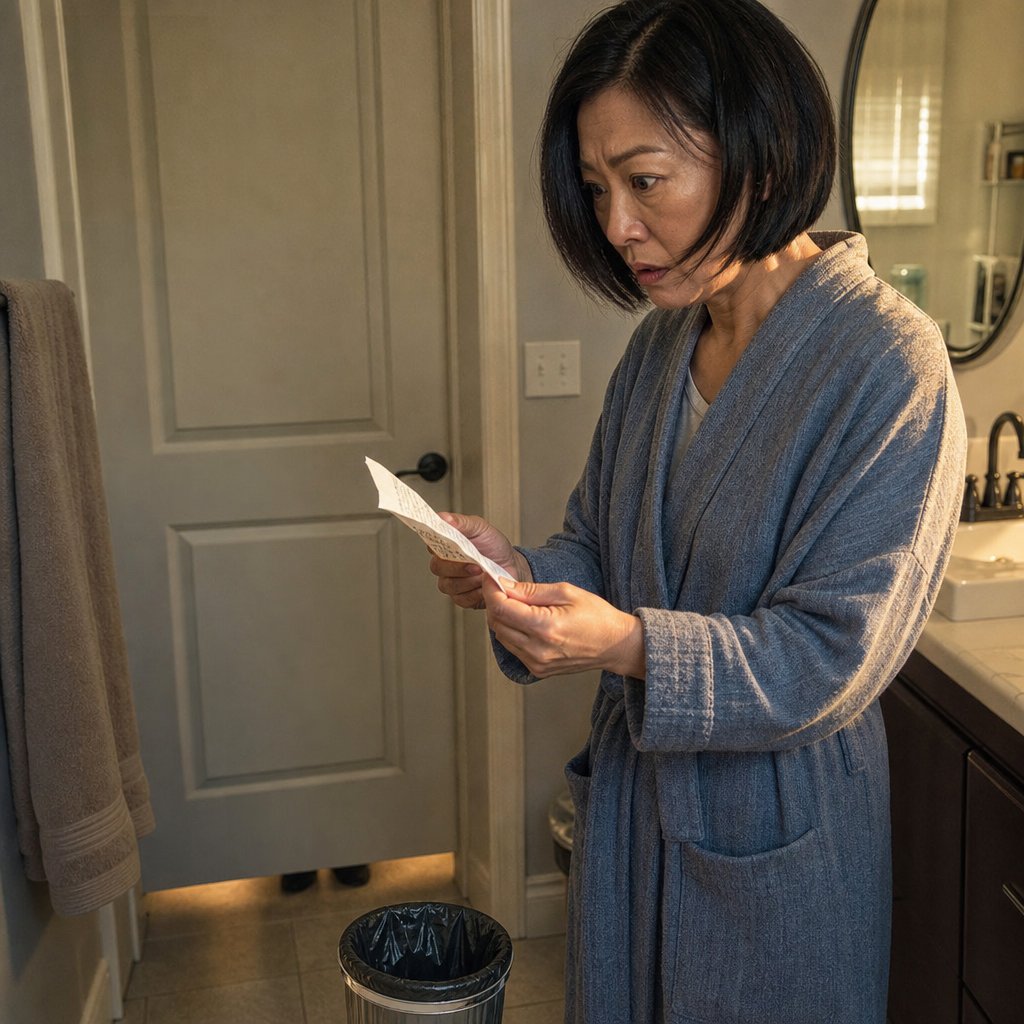 In a bathroom, Iris holds a crumpled receipt with a shocked expression as a shadow appears under the closed door.