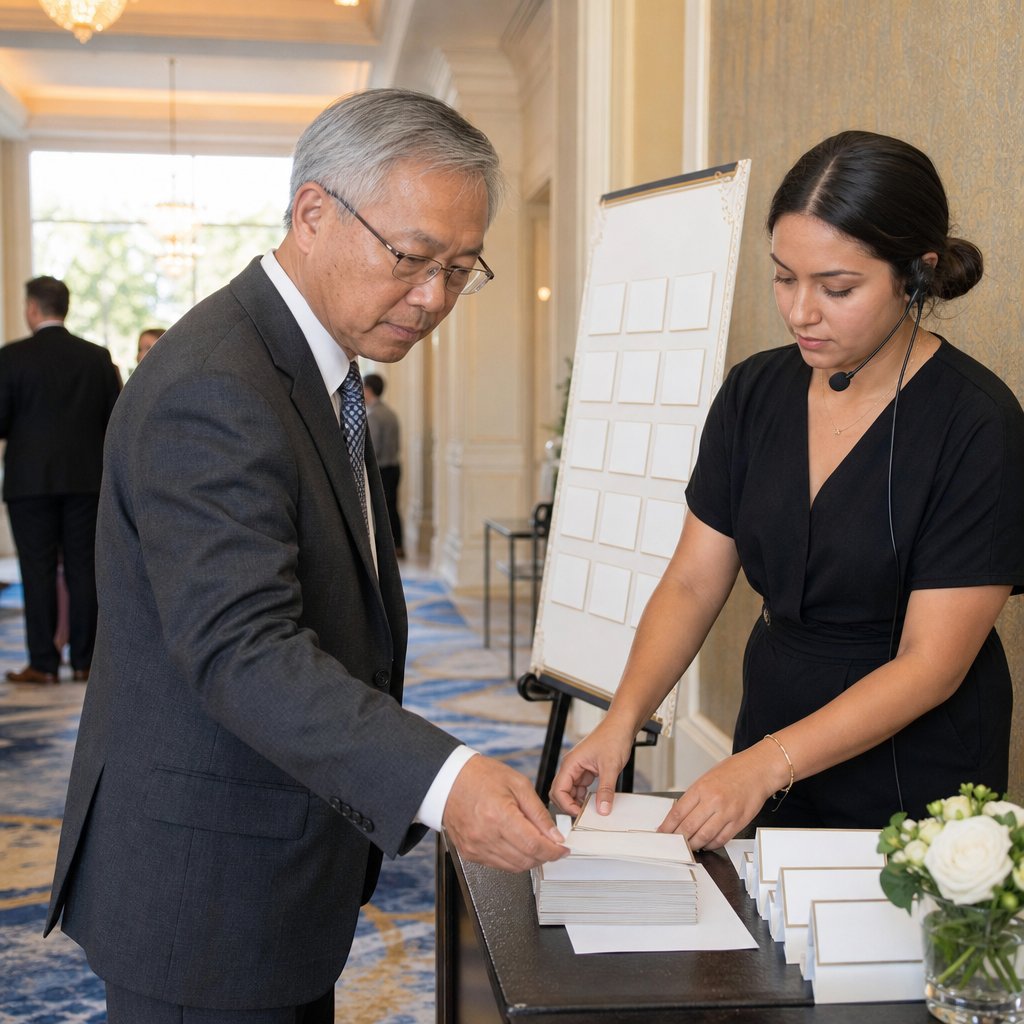 A coordinator’s assistant calmly moves place cards back as an older man tries to rearrange them.