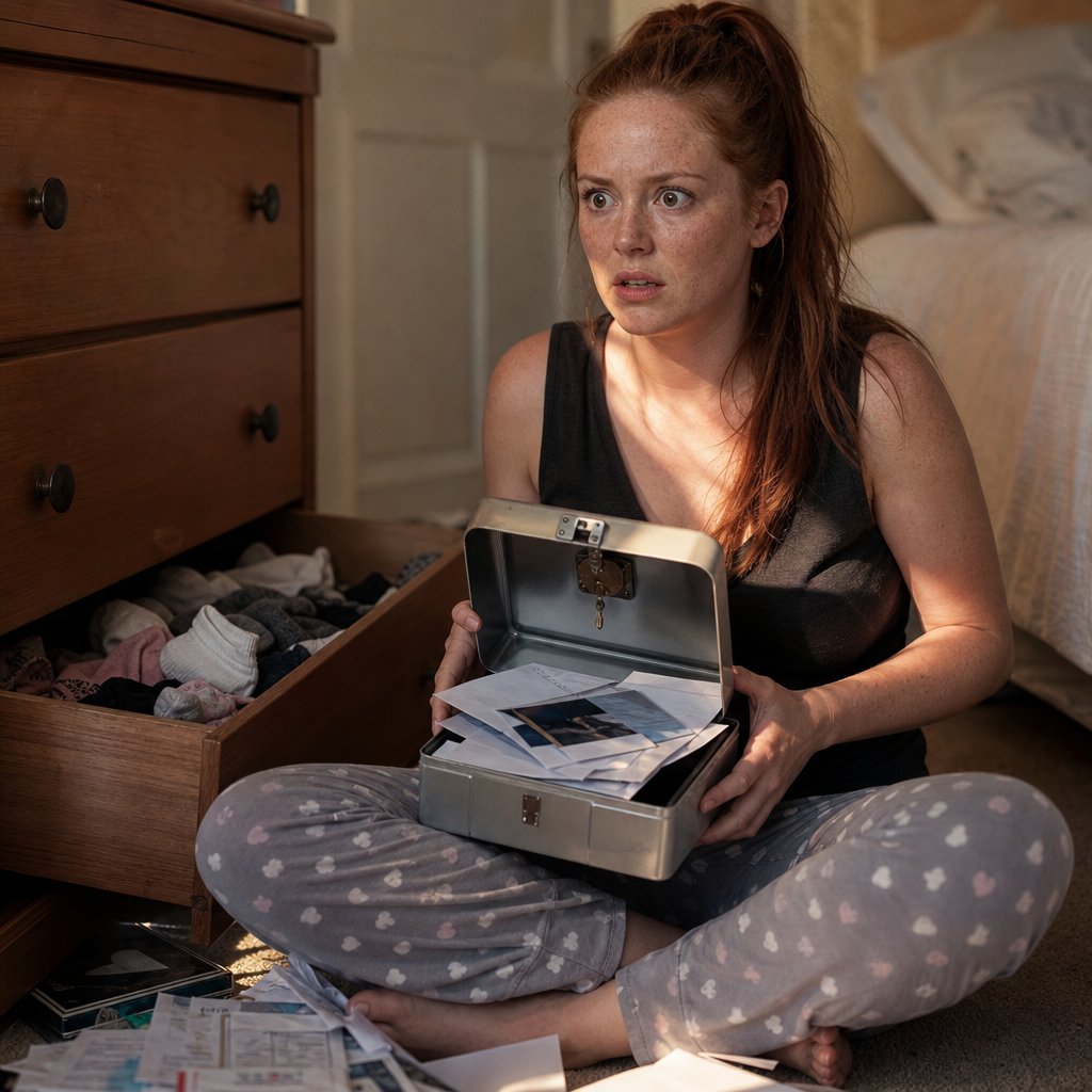 A red-ponytailed woman sits on the floor holding an open lockbox filled with papers, shocked.