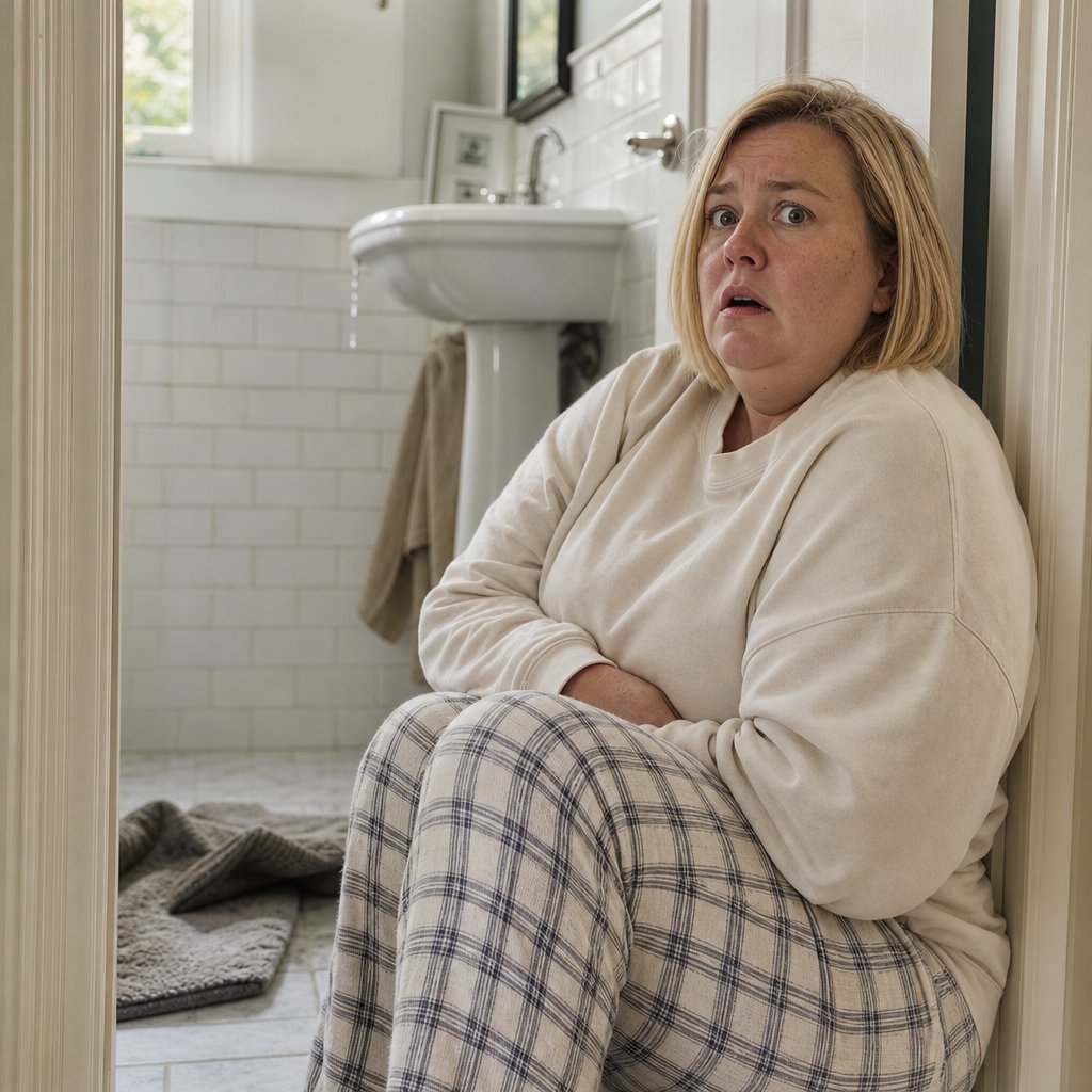 A freckled blonde woman sits on a bathroom floor, stunned, holding a phone in her lap as if she’s just seen something devastating.