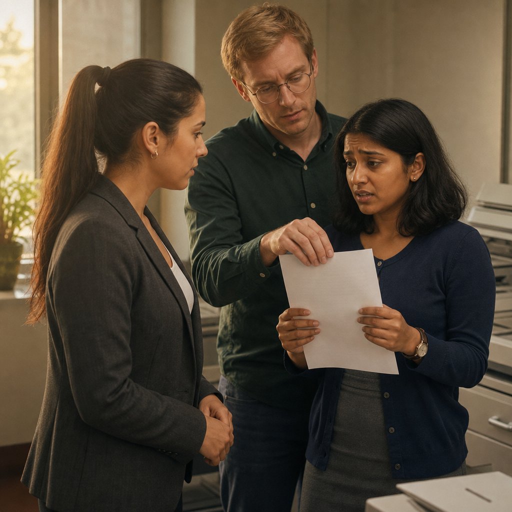 At the copier, Priya clutches a sheet while Elliot reaches in and Mara watches, tense.