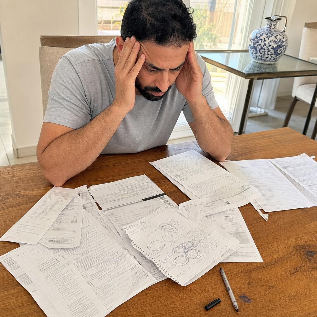 A stressed man studies bank statements spread across a table, discovering a hidden pattern of transfers.