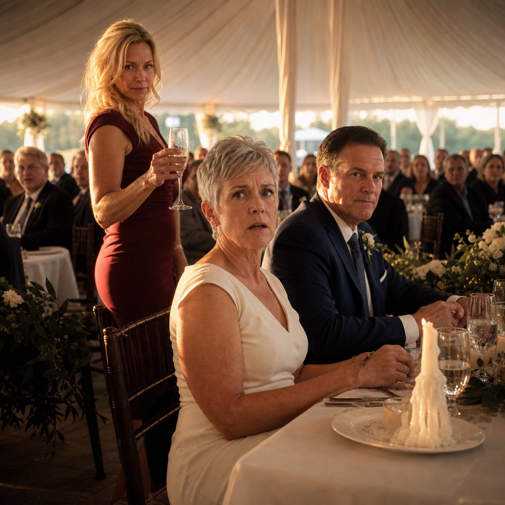 Celia raises a glass in a burgundy dress, staring straight at Harper during her toast.
