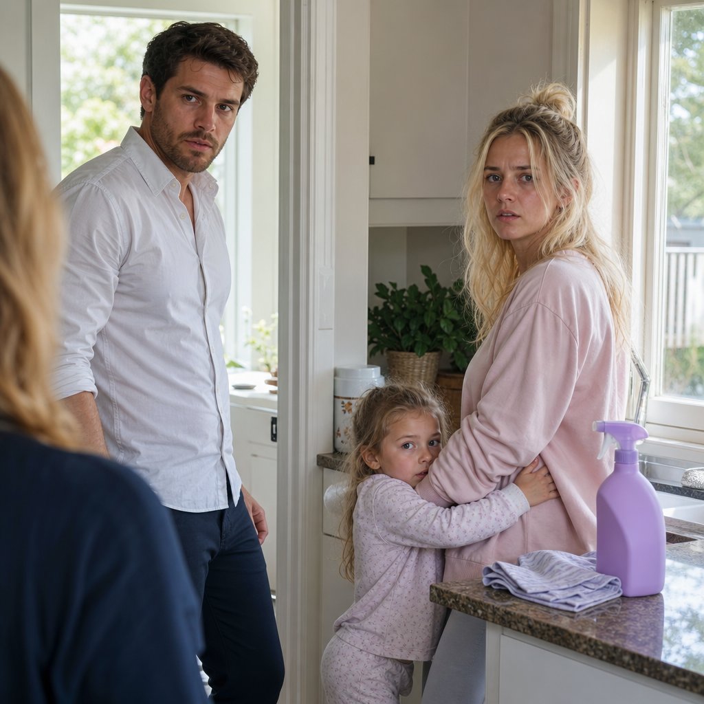 A little girl hugs the nanny while Miles and Tessa tense up in the kitchen during an unexpected return.