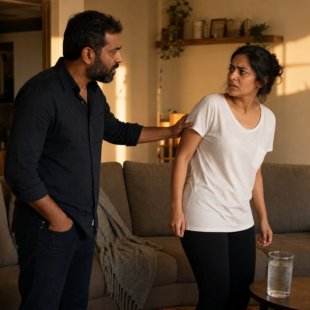 Ethan reaches toward Mara as she recoils in the living room, visibly shaken by his words.
