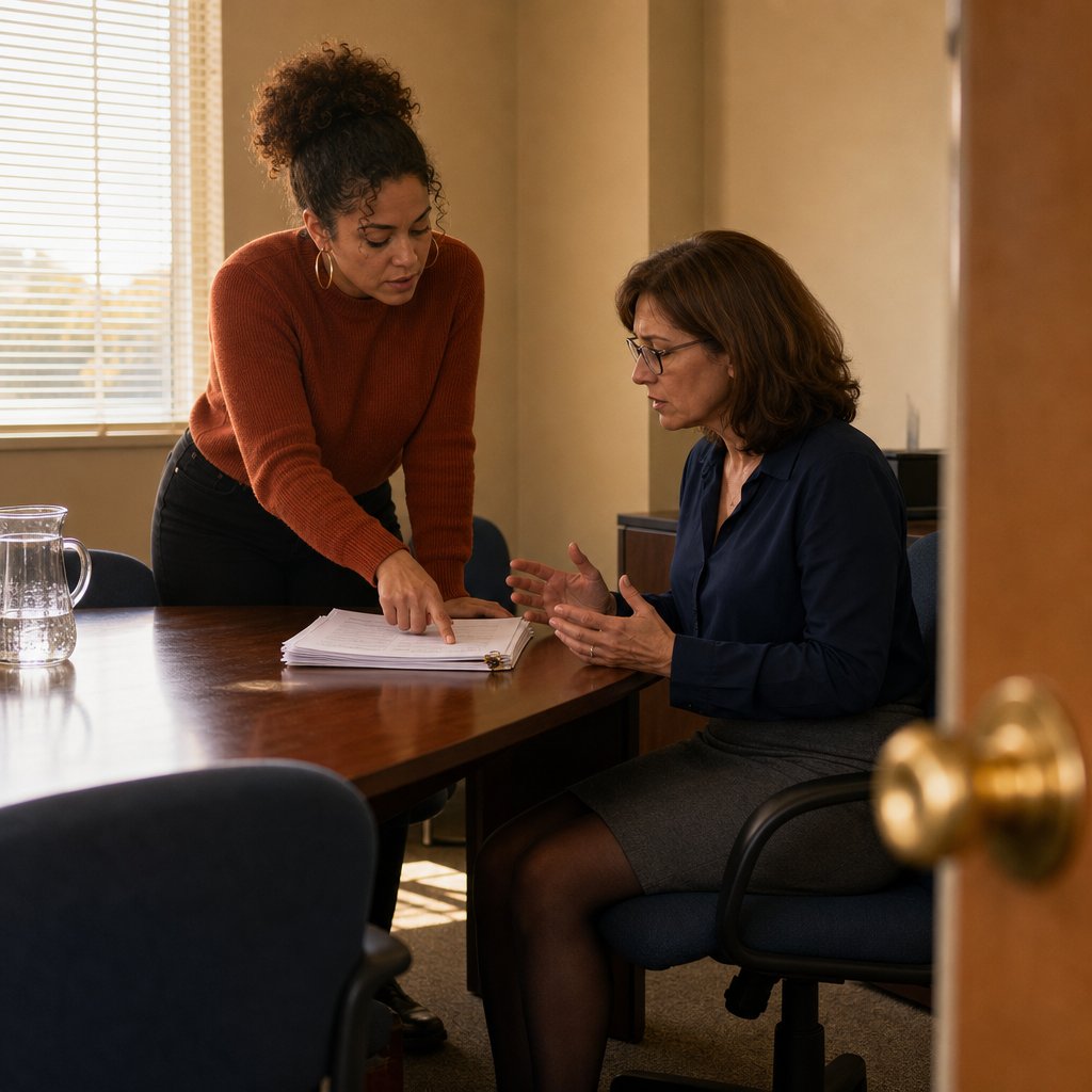 Marisol points at an expense packet as the conference room door begins to open.