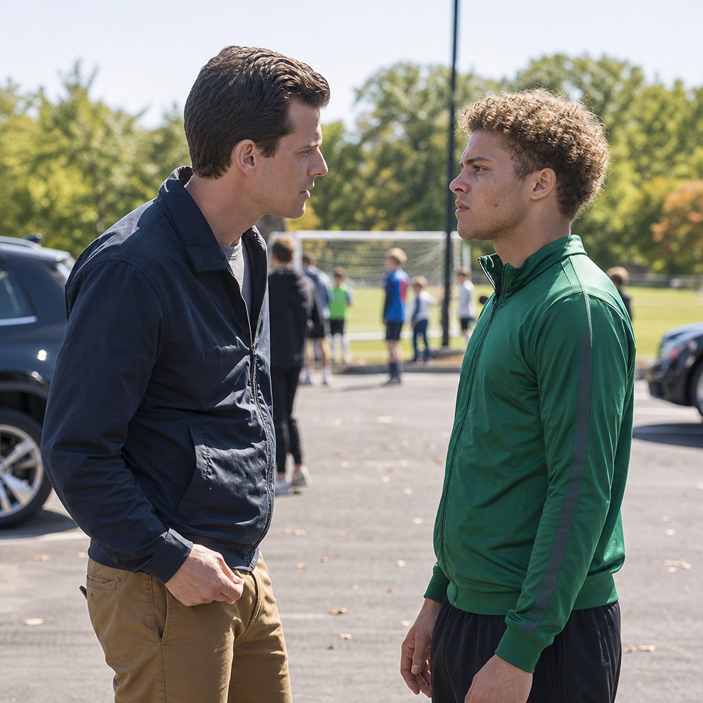 Evan leans in close in a soccer parking lot while Mara stands rigid, refusing to back down.