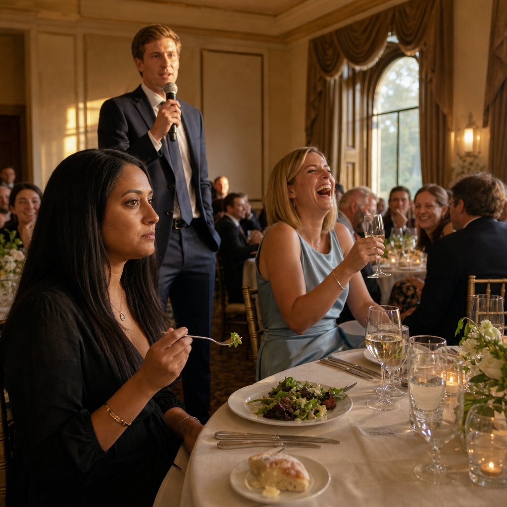 During the best man’s toast, Valerie laughs too loudly and raises her glass toward the tense protagonist.