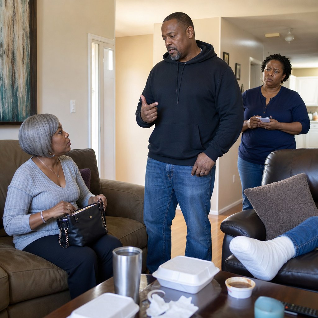 Mason pitches payments to Aunt Denise as Iris watches tensely from the hallway.
