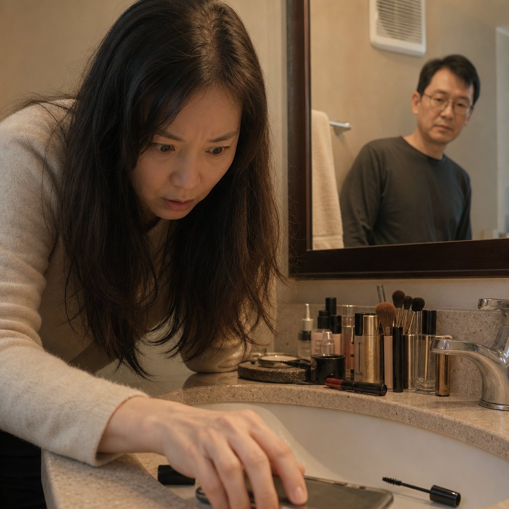 In a bathroom, Mara stares at her phone with shock after finding Evan’s distinctive watch in Sloane’s private vacation story.