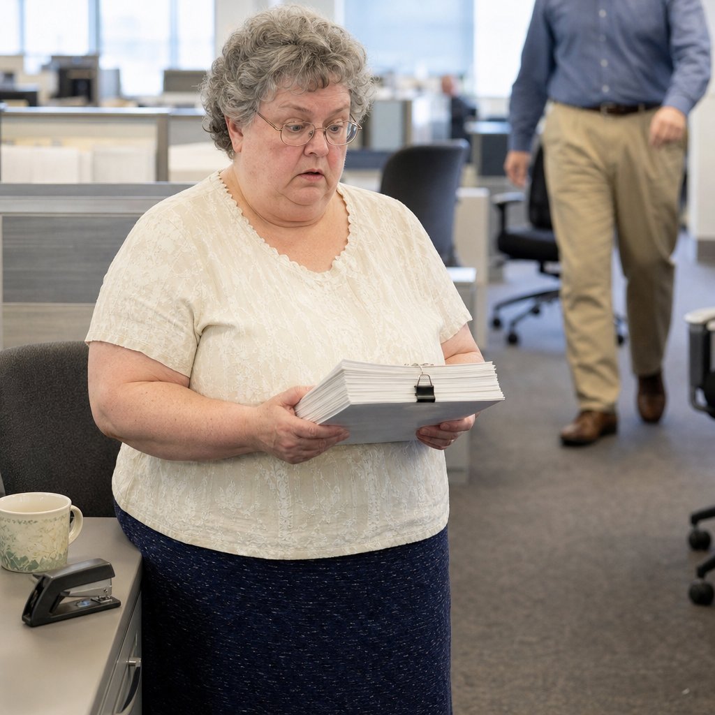 The gray-haired woman stands frozen beside her desk holding a thick clipped stack of papers as someone approaches behind her.