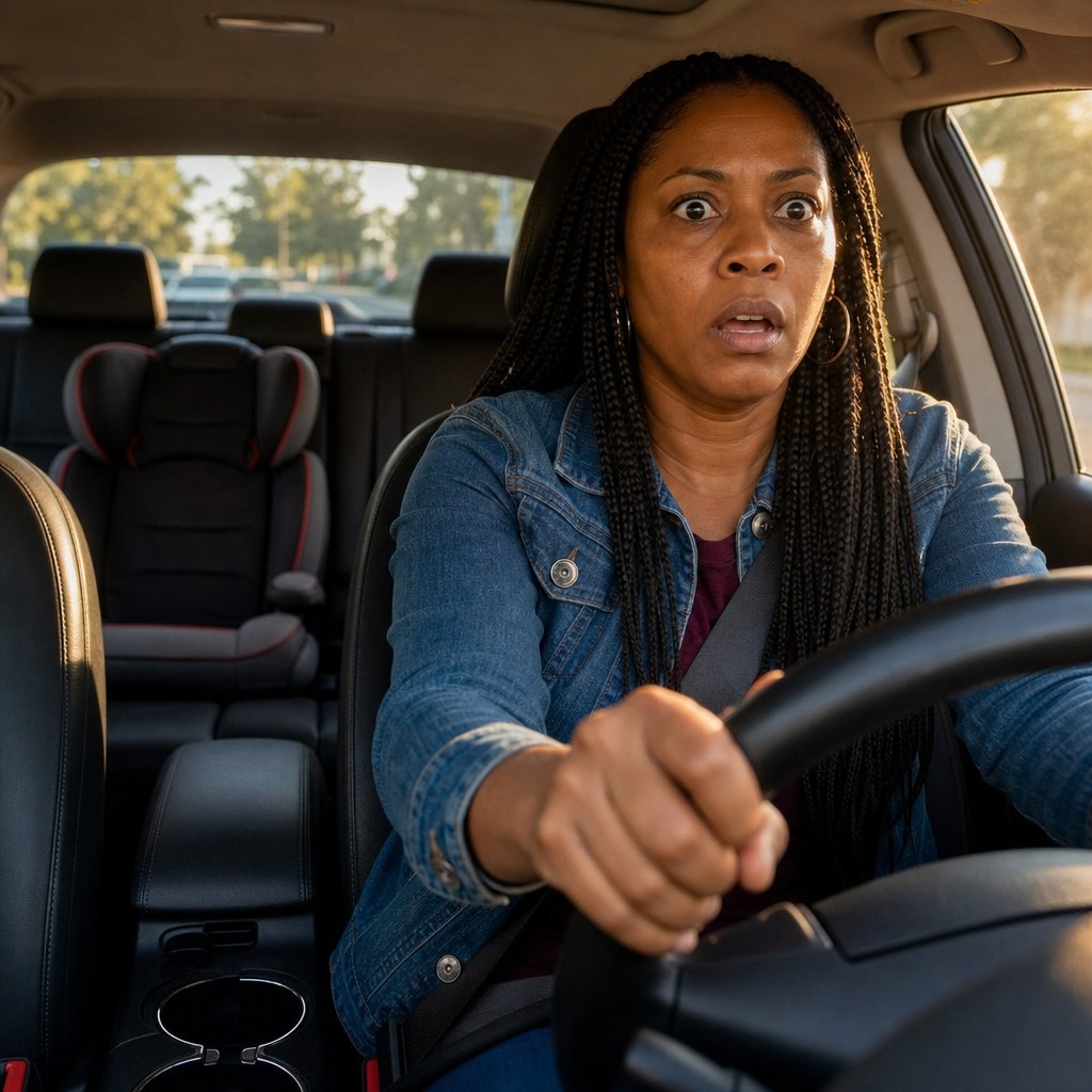 A mother sits in a parked car gripping the wheel, stunned, with a child’s booster seat behind her.