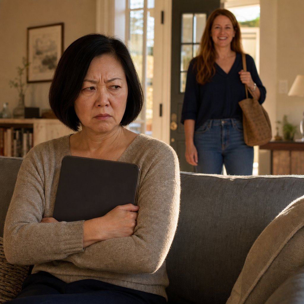 Iris clutches a tablet on the couch, furious, as Mara enters smiling in the background.