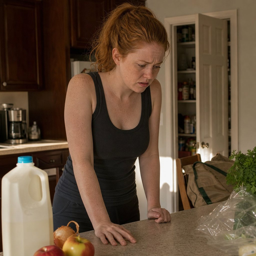 A red-ponytailed woman stands in a kitchen with groceries out, holding a phone face-down, looking shaken.