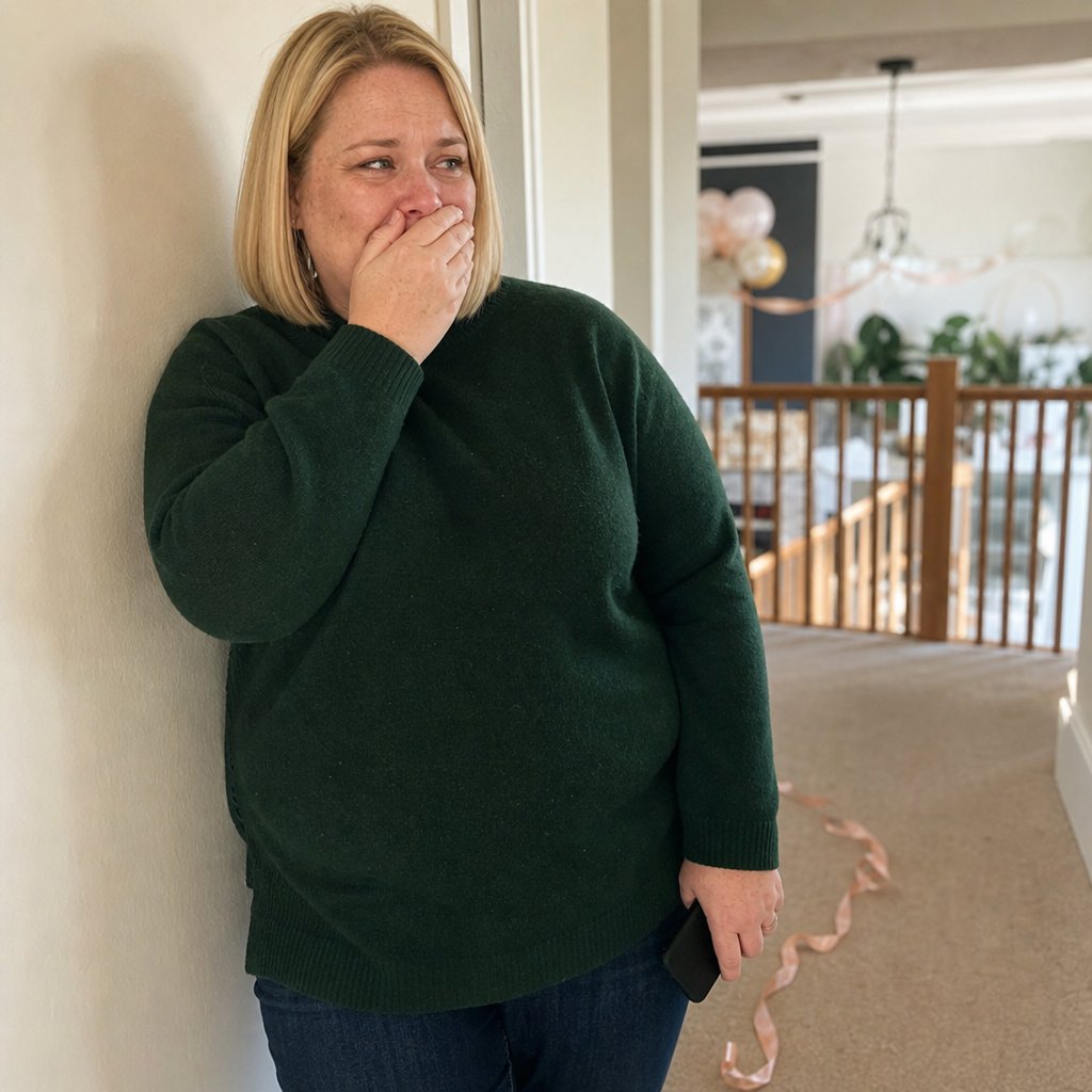 A freckled blonde woman leans against a hallway wall, hand over her mouth, looking shaken as party noise rises from downstairs.