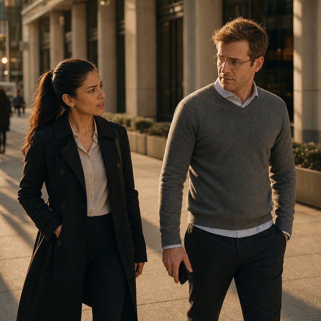 On a city sidewalk, Mara stops sharply while Elliot walks ahead holding his phone face-down, guarded.