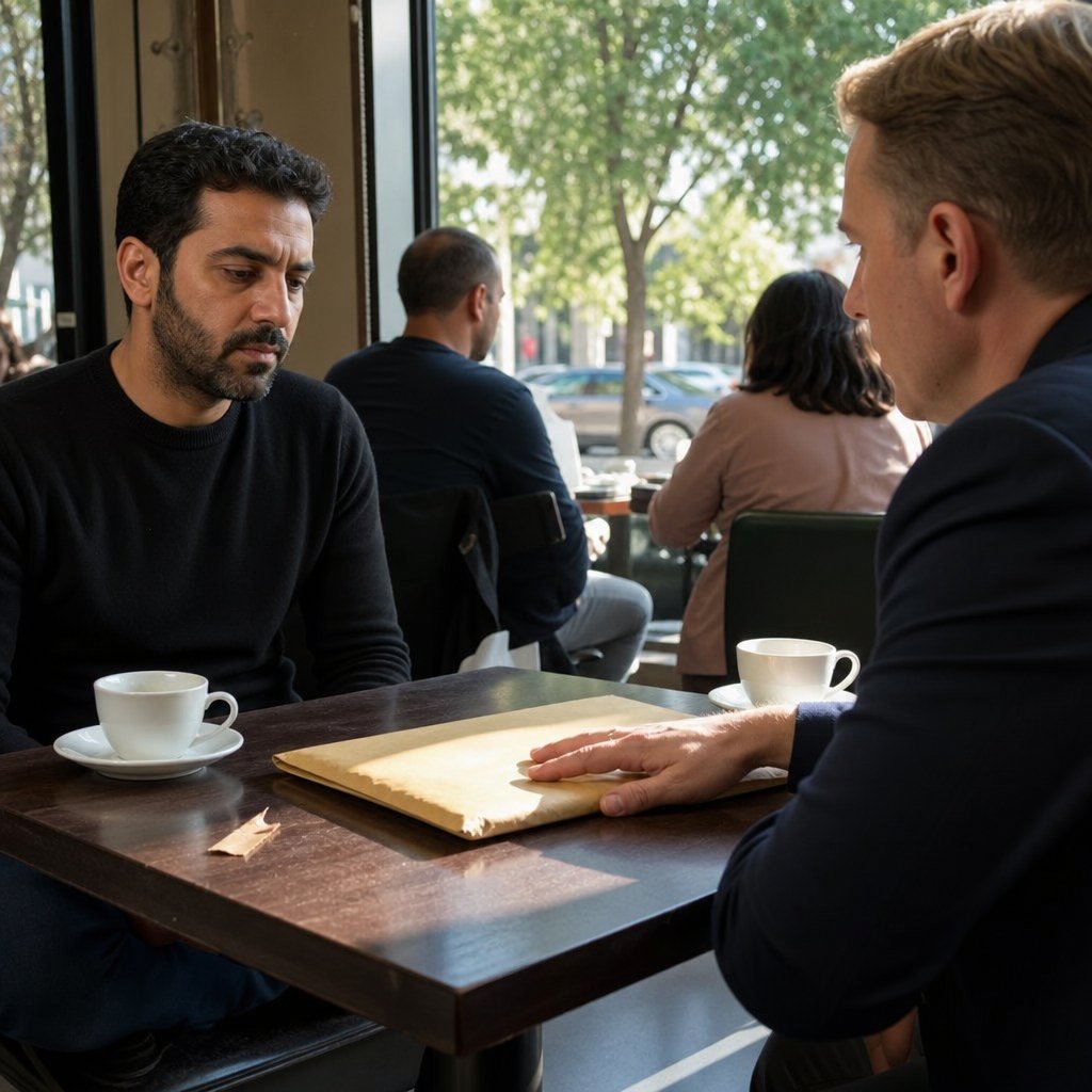 At a coffee shop table, a man stares at an envelope as the man across from him keeps his fingers on it.