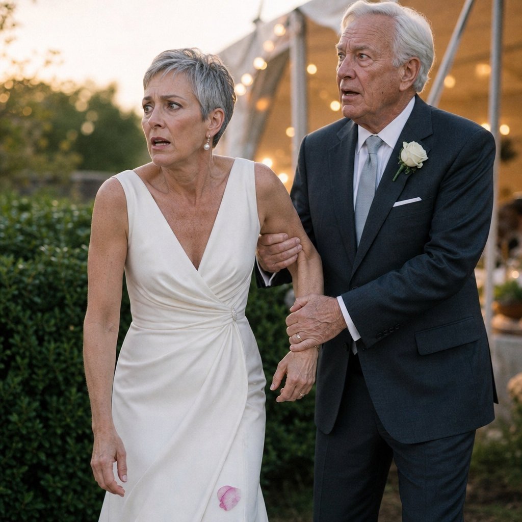 Harper’s father grips her wrist outside the tent, both staring at something off to the side.