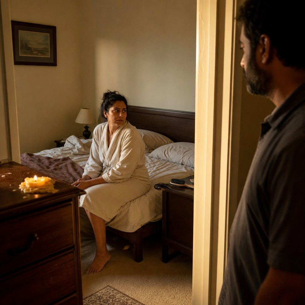 Mara sits on the edge of the bed late at night, waiting, as a candle burns down.