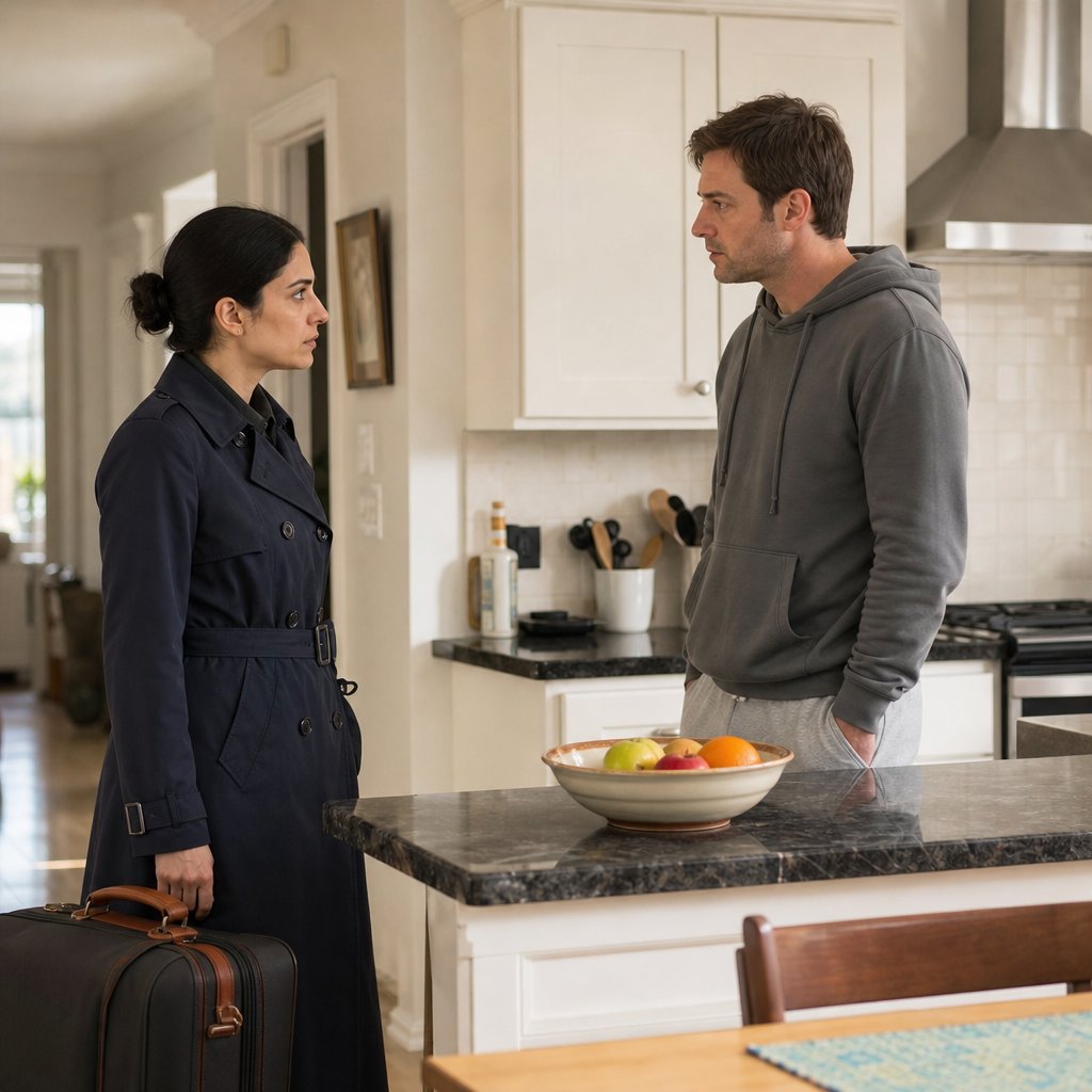 Maren confronts Caleb in the kitchen with a phone face-down on the counter between them.