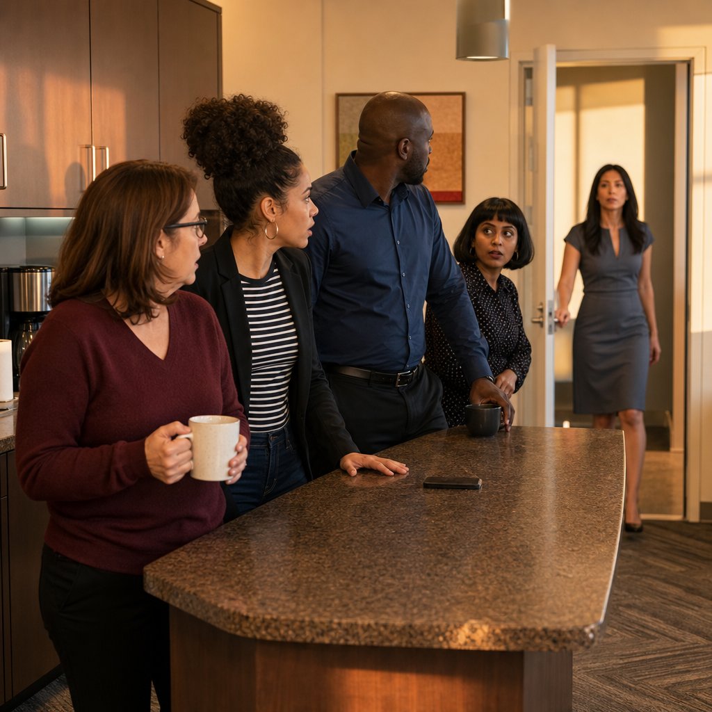 In the break room, coworkers tense up as Lila walks in and reads their faces.