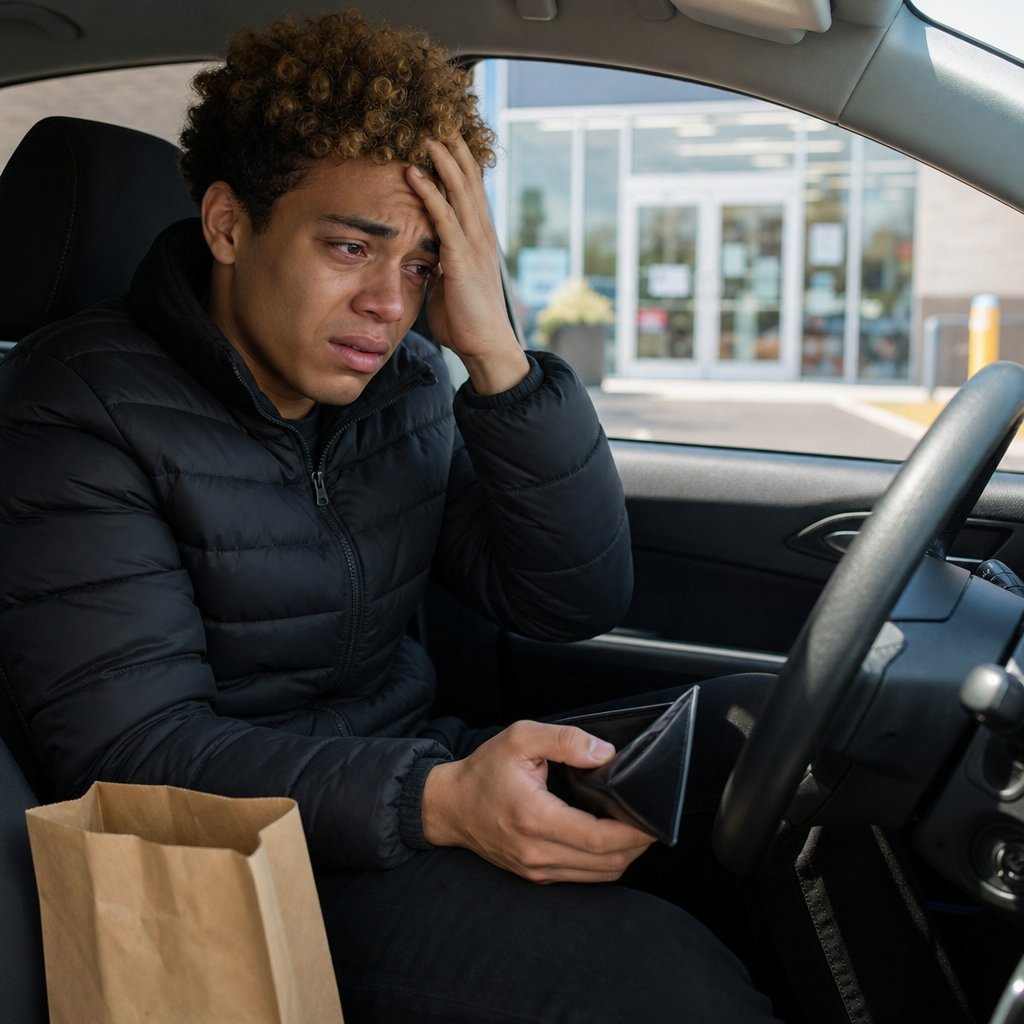 Mara sits in his car outside the pharmacy, furious and shaken after his card is declined.
