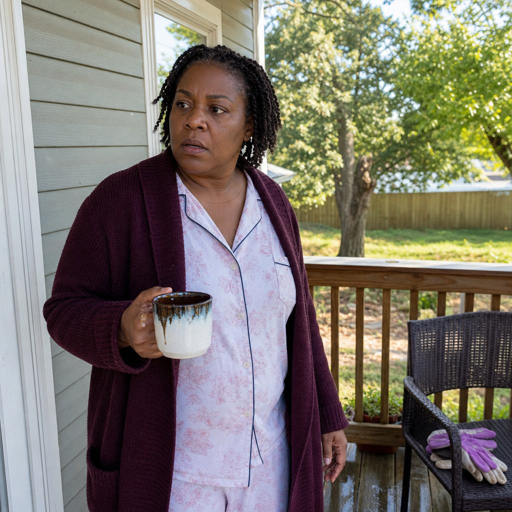 Iris stands on the porch in the morning, coffee spilling slightly as shock hits her face.