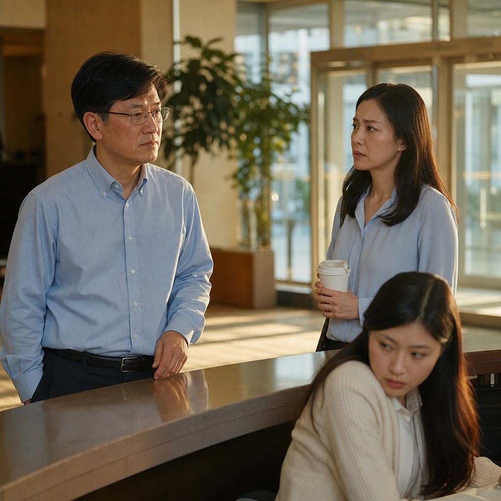 At Evan’s office lobby, Mara holds coffee while the receptionist reaches under the desk and says Evan already left for his trip.