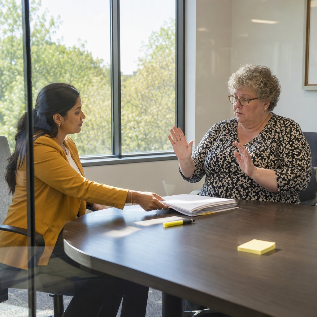 Priya slides a highlighted stack of pages across the table while the gray-haired woman sits rigid, mid-protest.