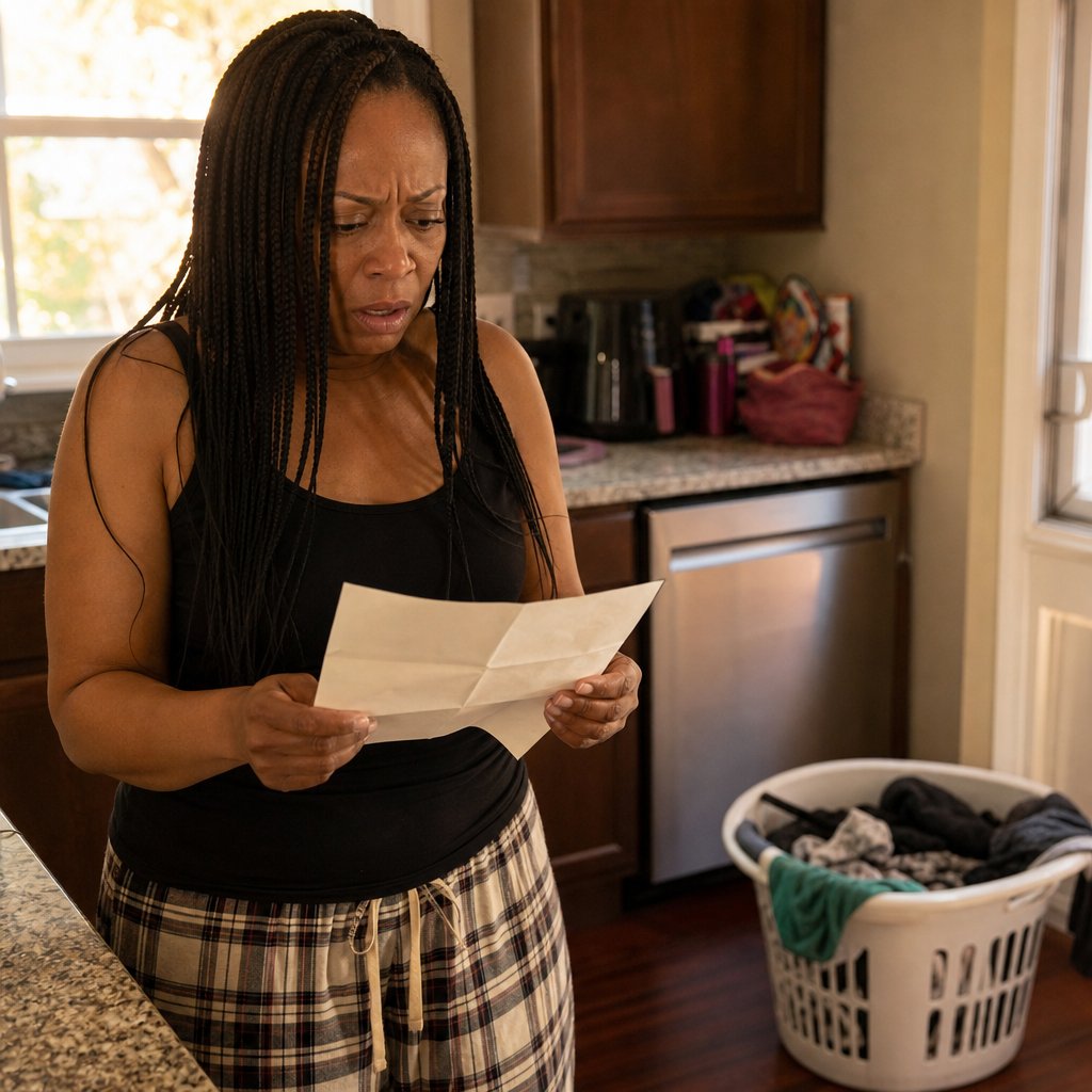 In a kitchen, a mother holds a folded paper with trembling hands, her face stricken as laundry sits nearby.