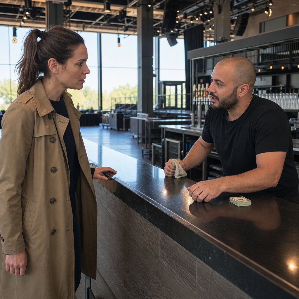 Lena questions a bartender in an empty venue as he leans in to share a detail.