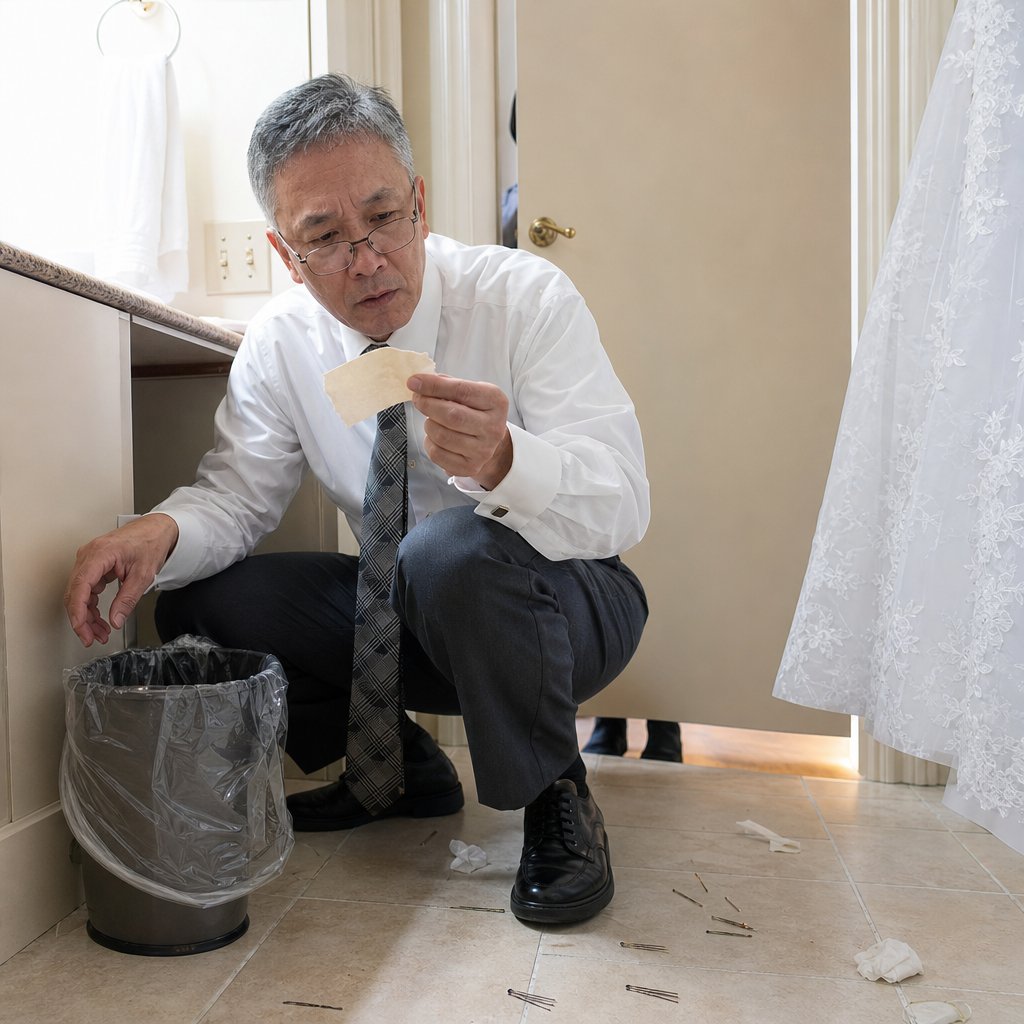 An older man crouches by a bathroom trash can holding a torn card scrap as someone stands outside the door.