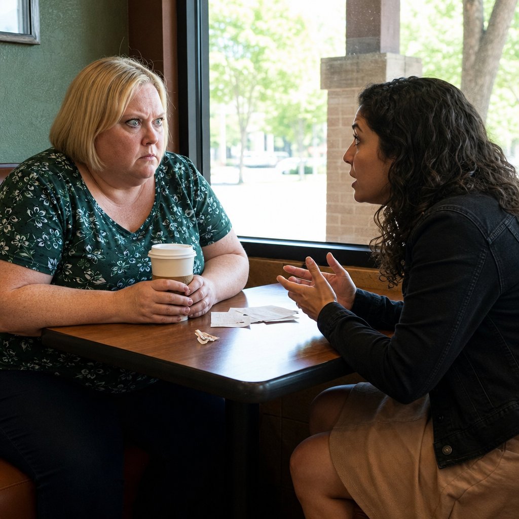 Two women sit in a coffee shop booth with tense faces, receipts spread on the table between them.