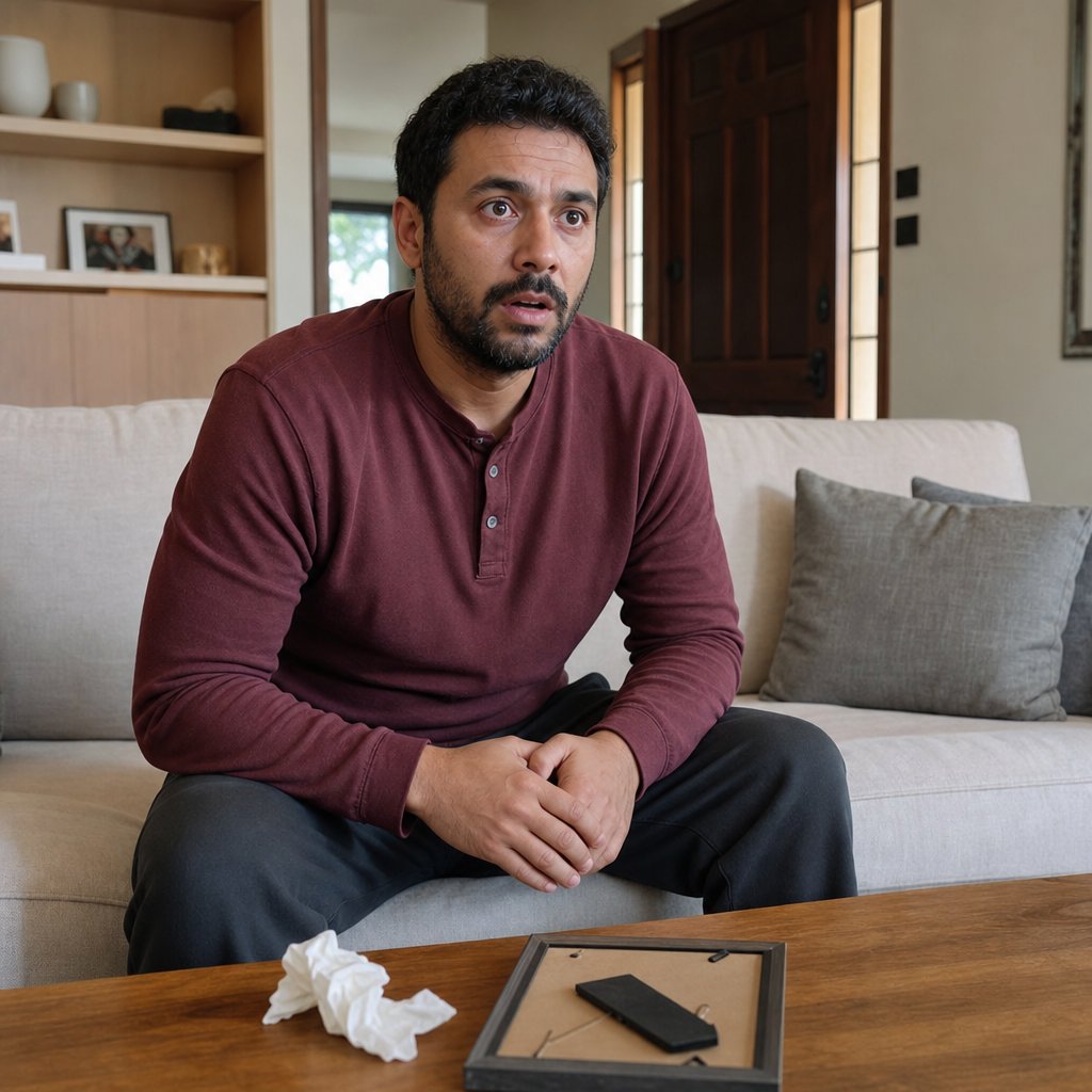 A stunned man sits on a couch with a phone face-down, reacting to a painful discovery.