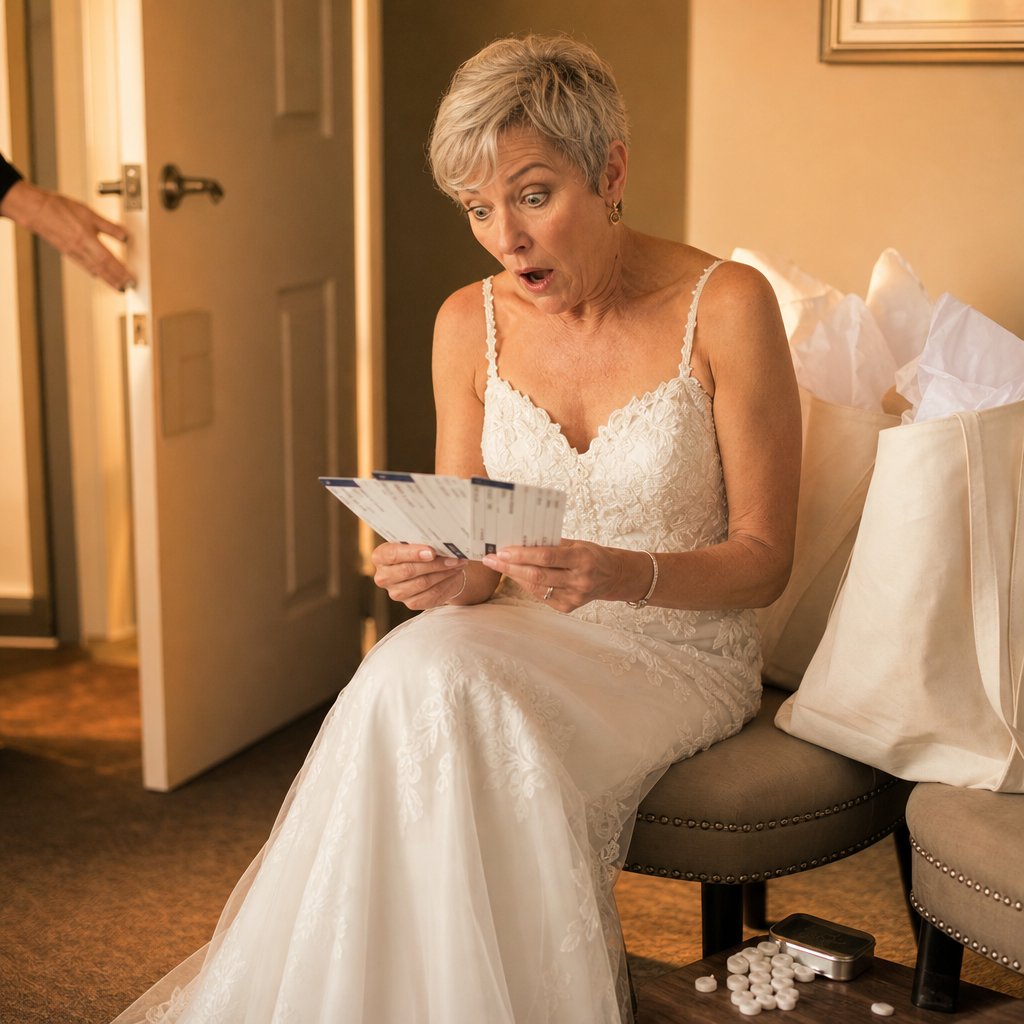 Harper holds three boarding passes in the bridal suite as the door handle begins to turn.
