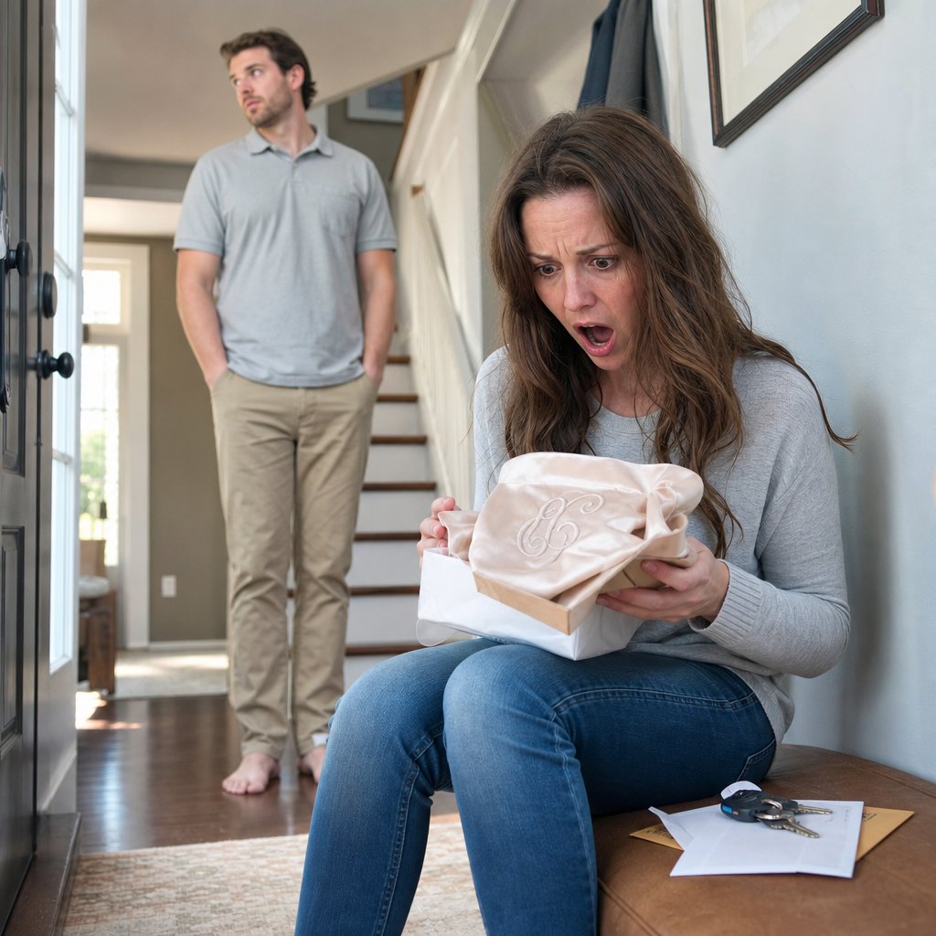 A woman grips a newly opened package containing a monogrammed fabric item as Miles stands in the background, unaware.