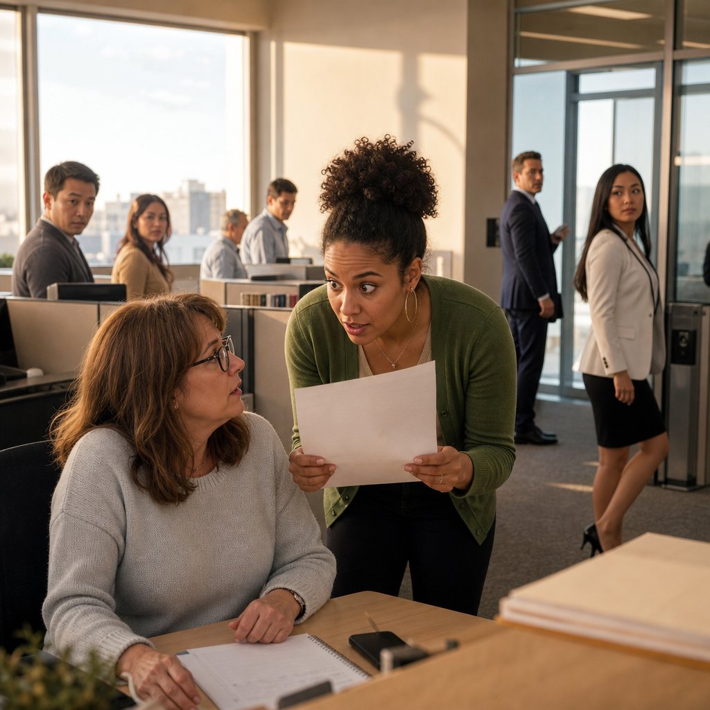 Marisol leans in with a paper as Compliance and Lila move through a tense office.