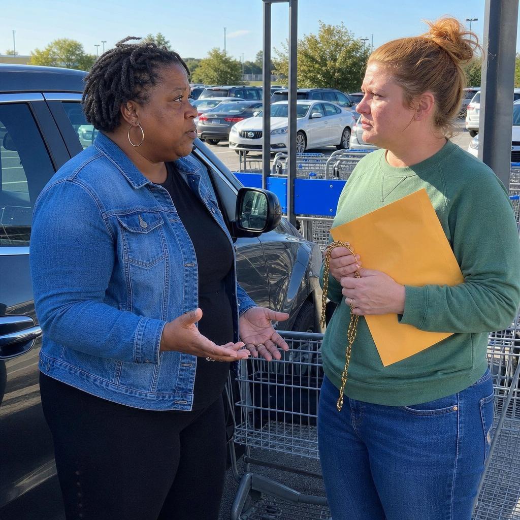 Iris confronts a freckled woman in a parking lot as the woman clutches paperwork and a gold chain.