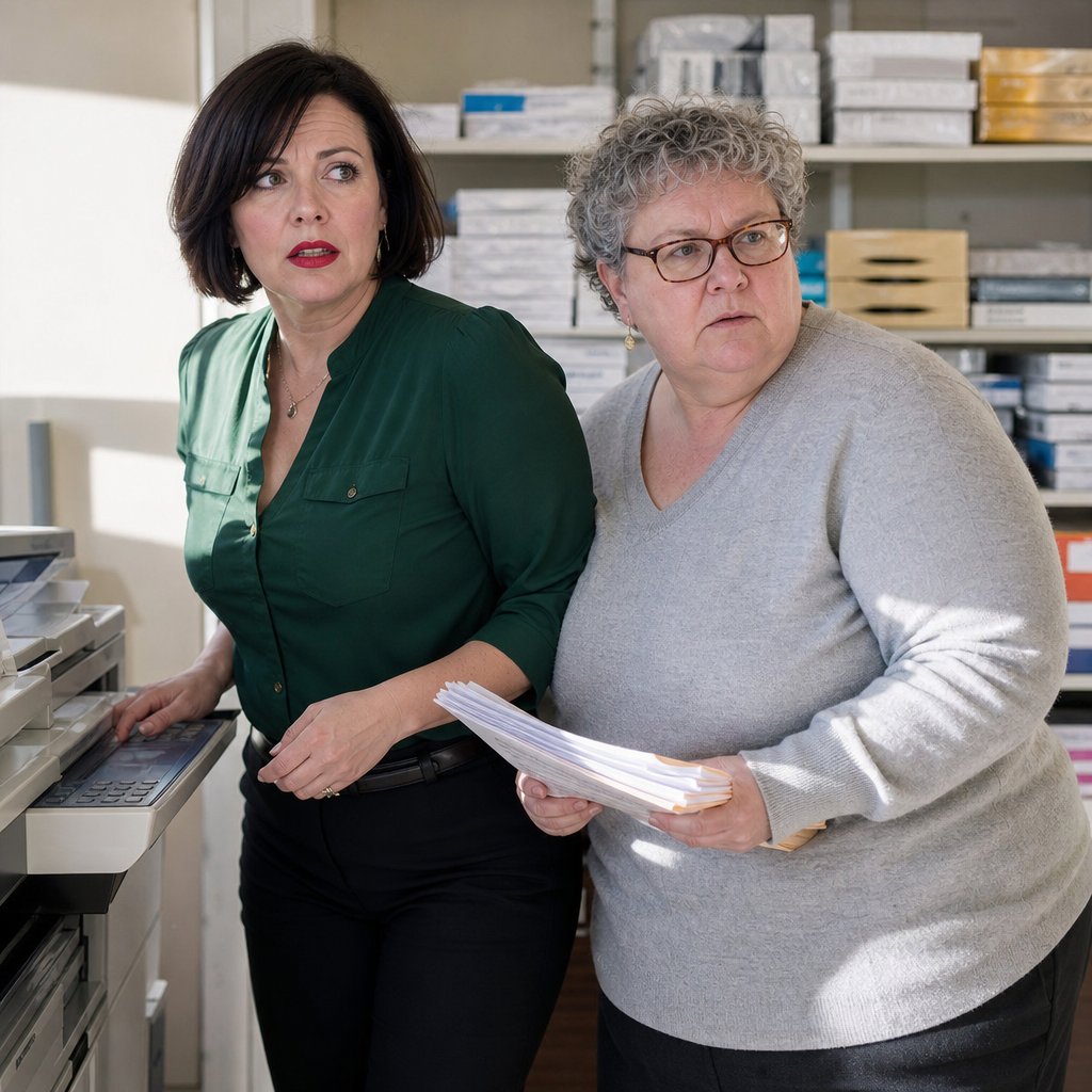 In the copy room, Denise leans in to whisper while the gray-haired woman clutches a stack of papers and watches her closely.