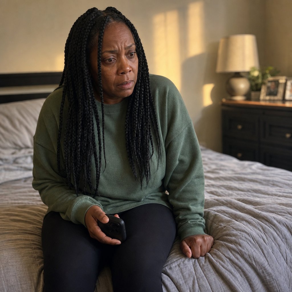 A mother sits on her bed clutching a face-down phone, tense and frightened as if a call just ended badly.