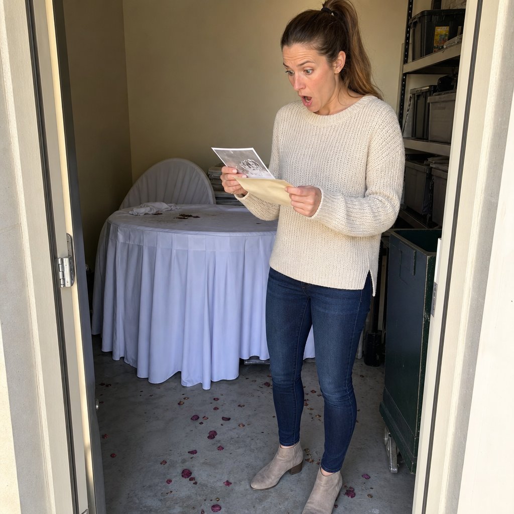 Lena stands in a storage closet holding a mysterious envelope and photo, startled.