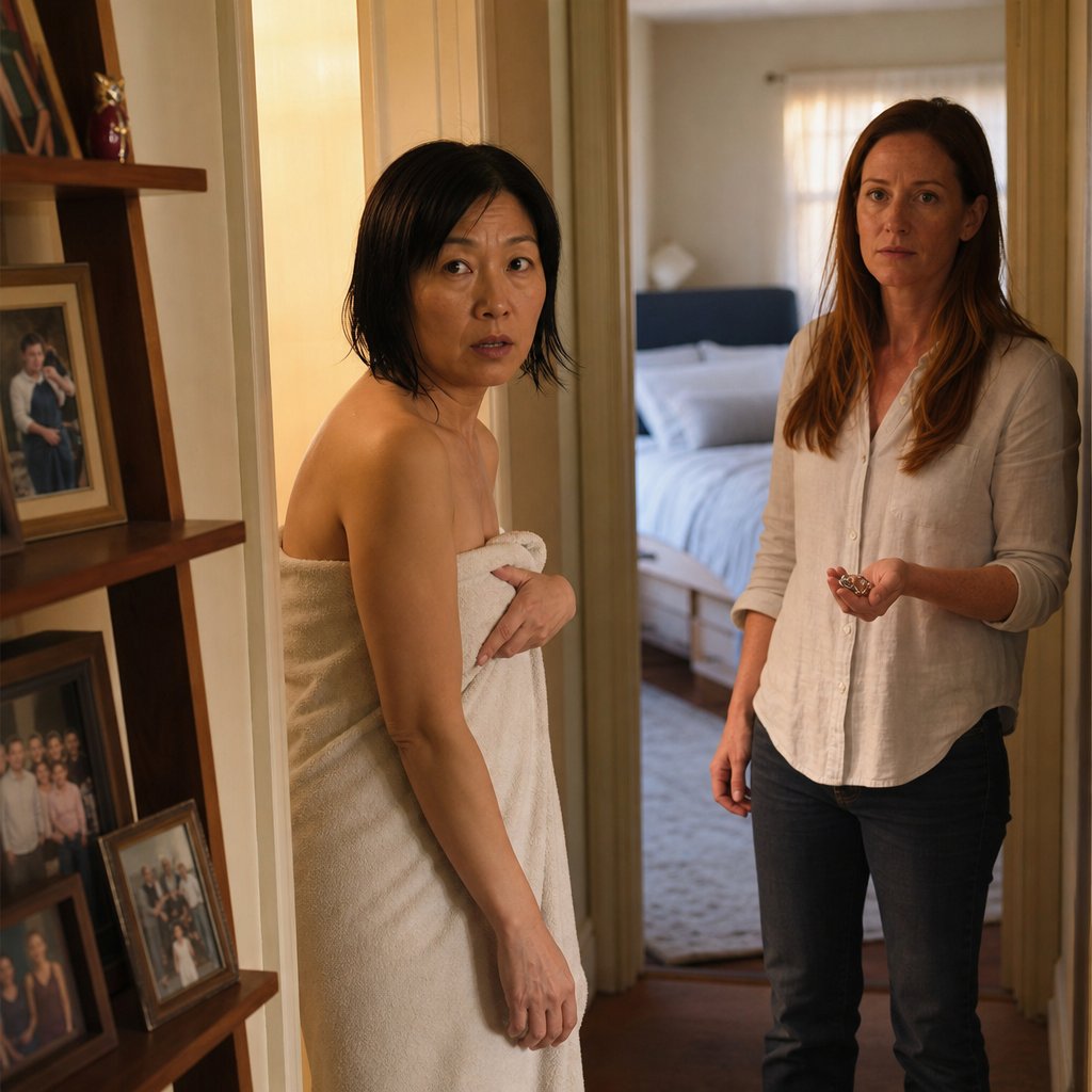 In a hallway, Iris in a towel confronts Mara exiting her bedroom while Mara grips silver cufflinks.