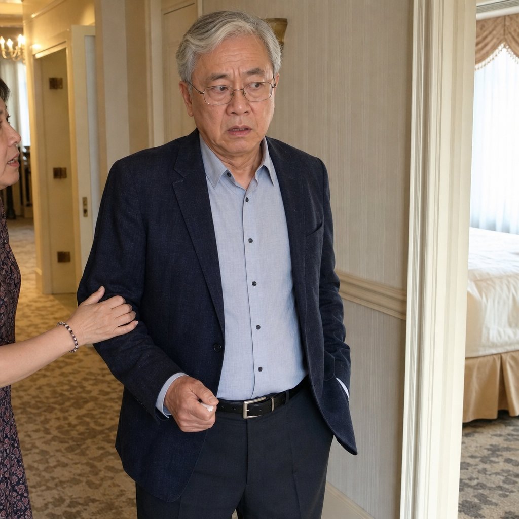 An older man stands in a hotel hallway as someone grips his elbow, warning him quietly.